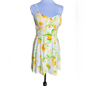 Lemon Print Fit Flare Mini Dress White Yellow Citrus Sundress Size M
